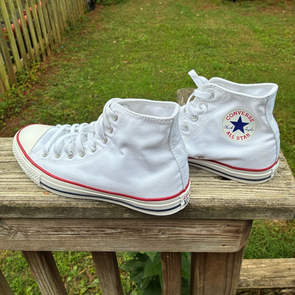 Converse All Star White High-Tops with Red and Blue Accents